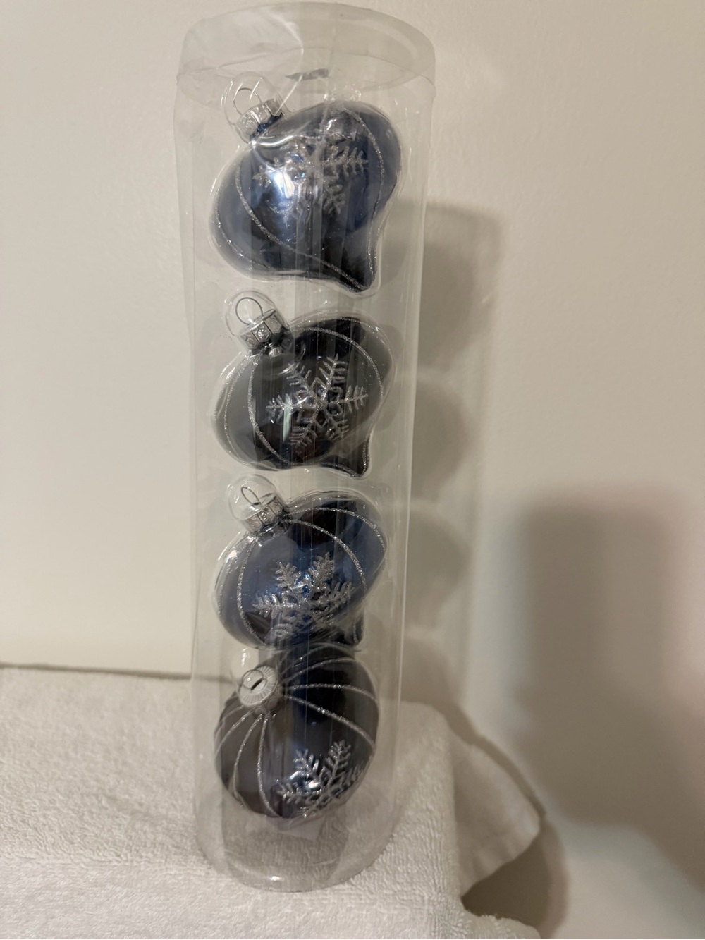 Blue Heart Glass Ornament Set with Silver Snowflake Detail - 4 Pack